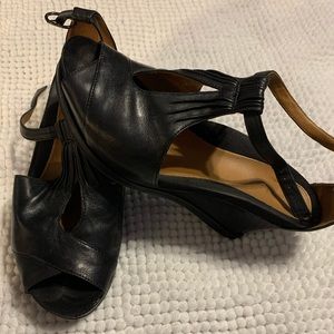 Black leather wedges